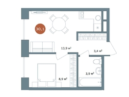 Продается 2-комнатная квартира ЖК 19/56 Кварталы Телецентра, сек 1, 30.1  м², 6200000 рублей