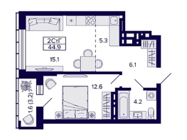 Продается 2-комнатная квартира ЖК Grando (Грандо), 44.9  м², 8950000 рублей