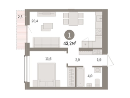 Продается 1-комнатная квартира ЖК Авиатор, дом 3, 43.21  м², 6980000 рублей