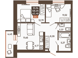 Продается 3-комнатная квартира ЖК Ермак, 62.48  м², 6960000 рублей