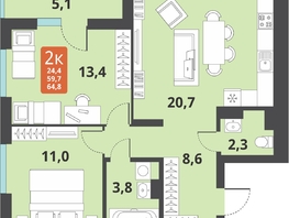 Продается 2-комнатная квартира ЖК Тайгинский парк, дом 3, 64.8  м², 8150000 рублей