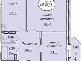 Продается 2-комнатная квартира ЖК Пролетарский, 64.17  м², 7507890 рублей