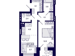 Продается 2-комнатная квартира ЖК Сподвижники, 45.3  м², 5950000 рублей