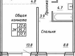 Продается 2-комнатная квартира ЖК Квартет, дом Дуэт, 37.1  м², 4790000 рублей