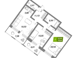 Продается 2-комнатная квартира ЖК Бирюзовая жемчужина-2, 77.4  м², 12515643 рублей