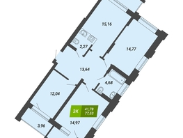 Продается 3-комнатная квартира ЖК Бирюзовая жемчужина-4, 77.53  м², 11396910 рублей