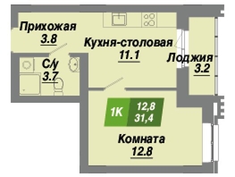 Продается 1-комнатная квартира ЖК Калининский квартал, дом 2, 31.4  м², 5243800 рублей