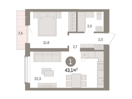 Продается 1-комнатная квартира ЖК Авиатор, дом 3, 43.08  м², 6960000 рублей