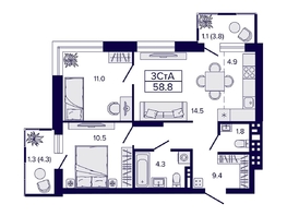 Продается 3-комнатная квартира ЖК Luna (Луна), 58.8 м², 8800000 рублей