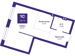 Продается 1-комнатная квартира ЖК Базилик, дом 2, 33.74  м², 4936000 рублей