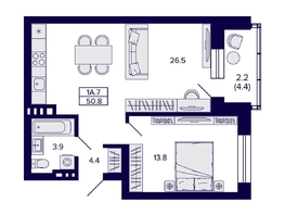 Продается 1-комнатная квартира ЖК Сподвижники, 50.8 м², 6100000 рублей