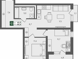 Продается 2-комнатная квартира ЖК Пушкино, дом 1, 68.8  м², 7511900 рублей