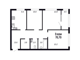 Продается 3-комнатная квартира ЖК ПАРК-квартал «Королёв», дом 1, 70.7  м², 8908200 рублей